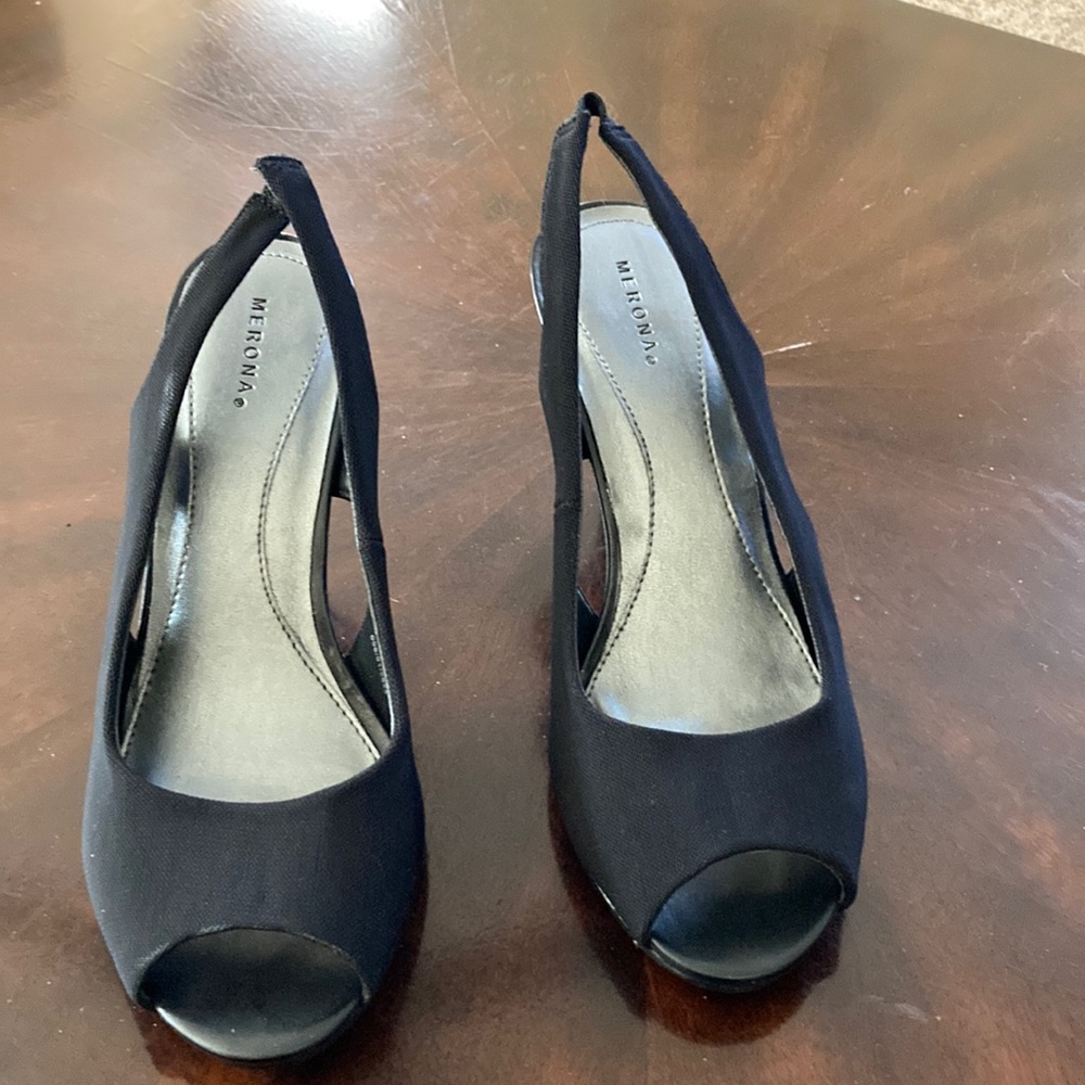 Black super nice fabric sling backs.